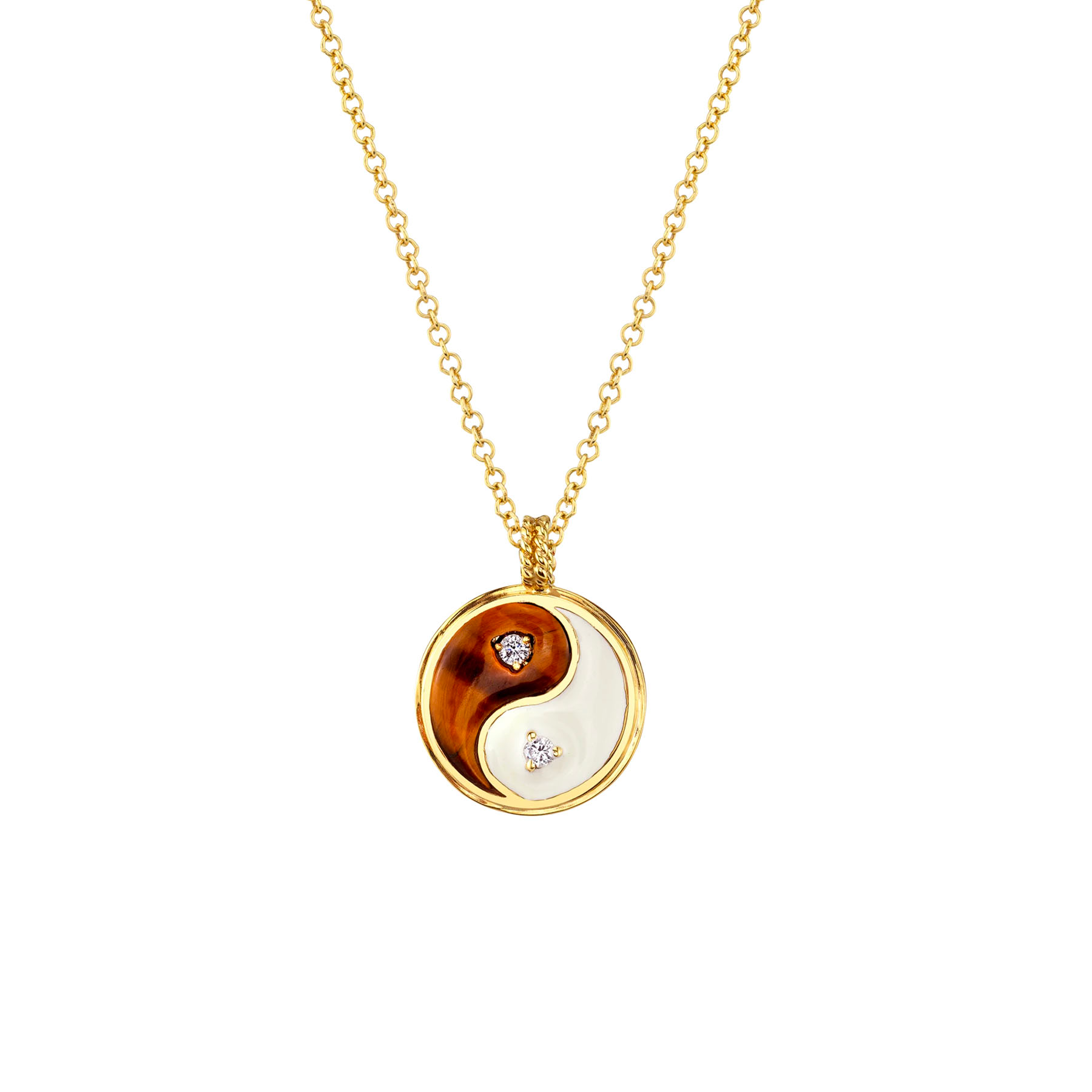 Yin Yang Hand Carved Inlay Necklace - White Diamond, Tigers Eye and White  Enamel / 14k Yellow Gold